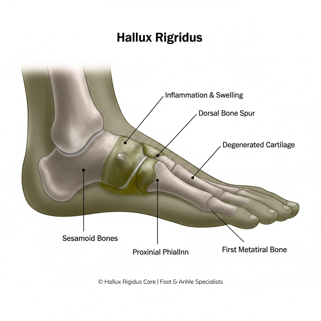 Close-up of big toe joint pain, showing stiffness and swelling — Hallux Rigidus Care