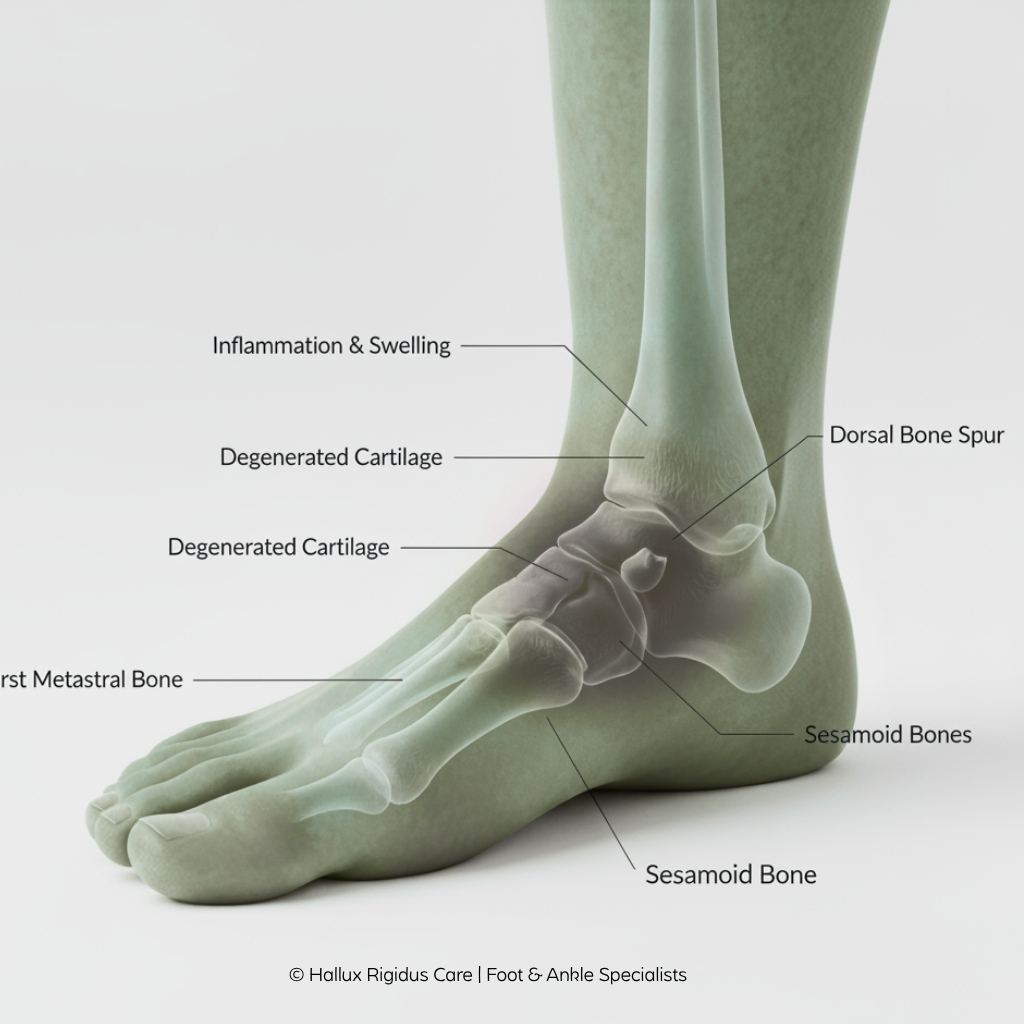 Illustration showing early signs and symptoms of Hallux Rigidus by Hallux Rigidus Care