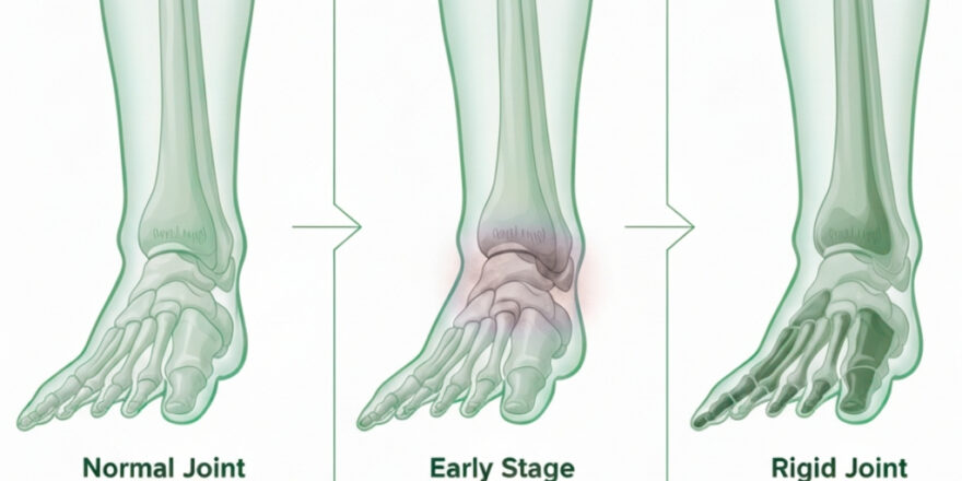 Medical diagram of Hallux Rigidus stages and progression of stiffness