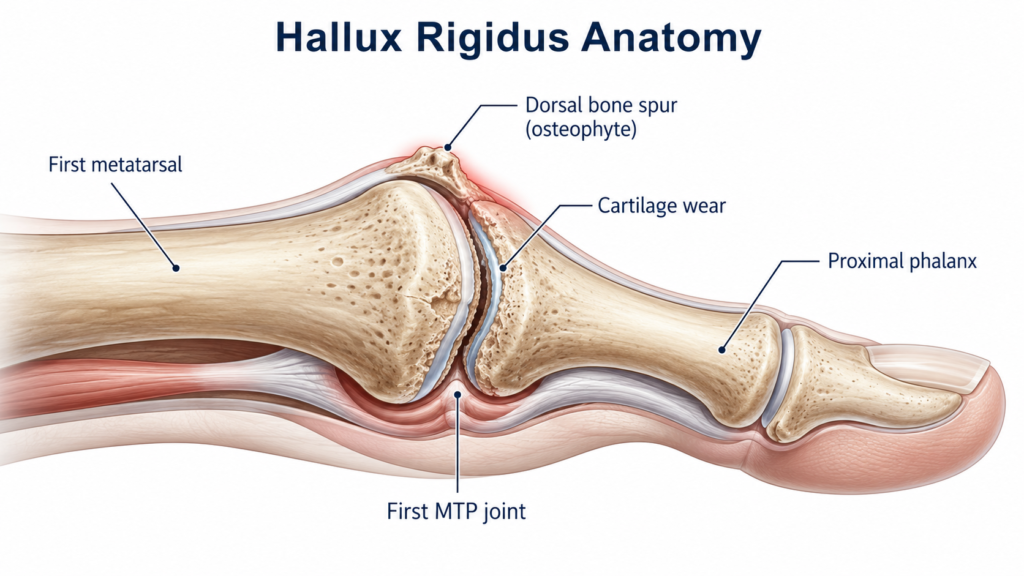 Hallux rigidus anatomy showing the first MTP joint, cartilage wear and dorsal bone spur