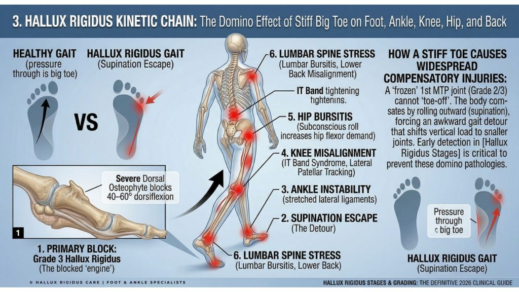 Infographic showing how hallux rigidus stages lead to a domino effect of pain in the knee, hip, and lower back due to gait compensation.