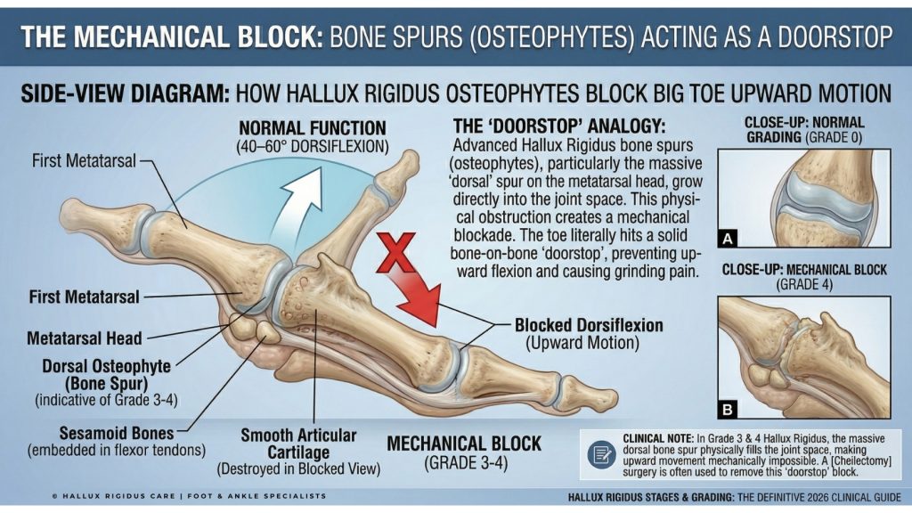 Anatomy of a healthy big toe joint showing smooth articular cartilage and metatarsal head before the onset of hallux rigidus stages.