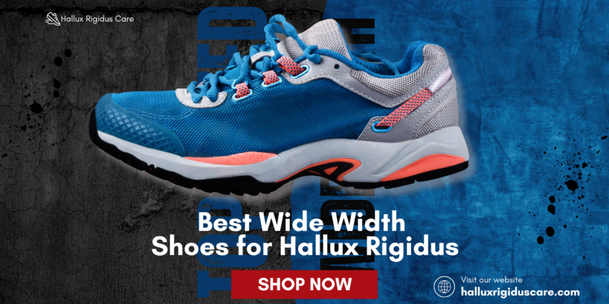 A side-by-side comparison illustrating a foot with a hallux rigidus bone spur inside a narrow, flat-sole shoe versus a supportive extra-wide shoe with a thick rocker-bottom sole and deep vertical toe box clearance.