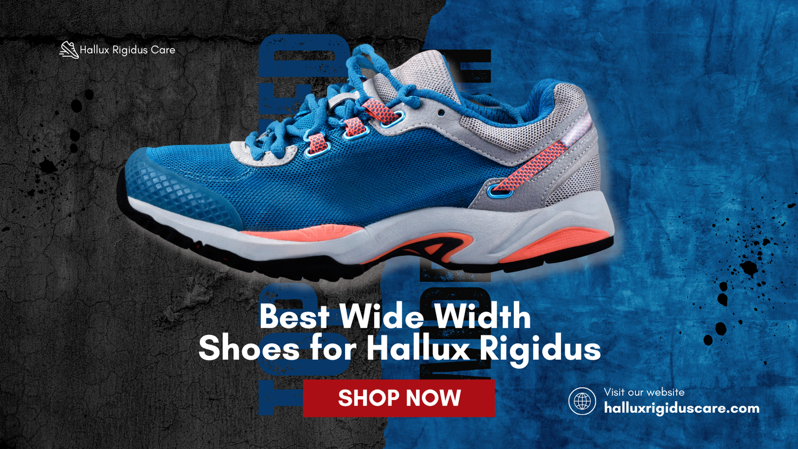 A side-by-side comparison illustrating a foot with a hallux rigidus bone spur inside a narrow, flat-sole shoe versus a supportive extra-wide shoe with a thick rocker-bottom sole and deep vertical toe box clearance.