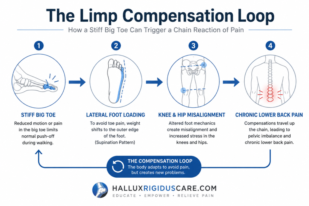 An infographic showing how big toe stiffness leads to supination, hip misalignment, and chronic lower back pain.