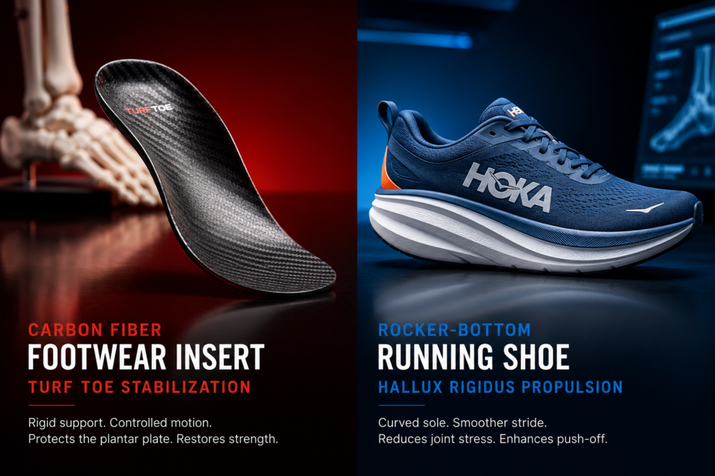 A side-by-side comparison of a rigid carbon fiber insert for Turf Toe and a rocker-bottom propulsion shoe for Hallux Rigidus.