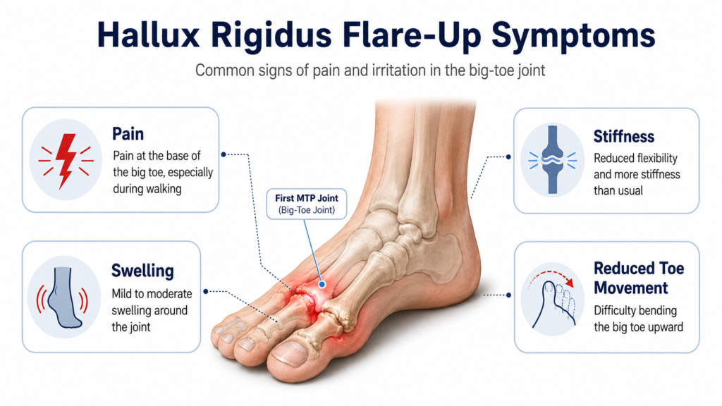 Common hallux rigidus flare-up symptoms including pain, swelling, stiffness and reduced toe movement