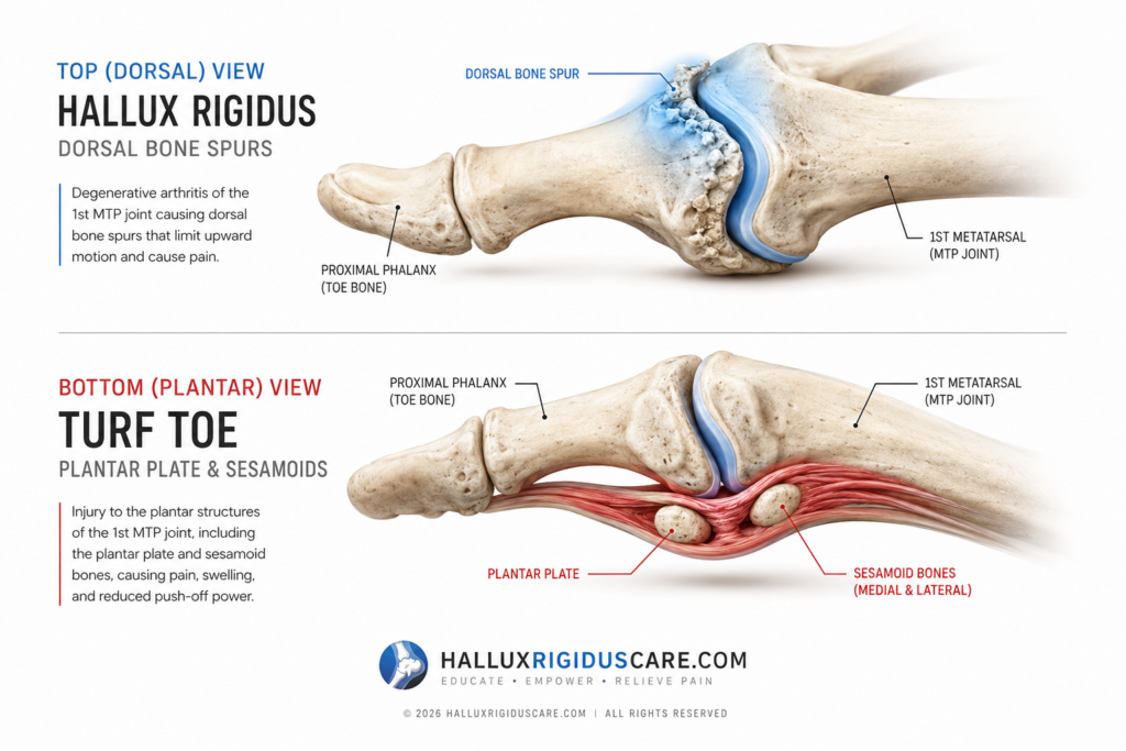 A medical diagram comparing the top dorsal bone spurs of Hallux Rigidus with the bottom plantar plate injury of Turf Toe in the big toe joint.