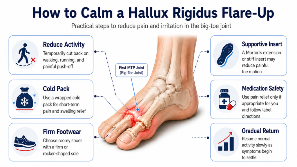 Steps to calm a hallux rigidus flare-up with reduced activity, cold therapy, firm footwear and gradual return