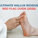 A comprehensive anatomical infographic for Hallux Rigidus. The image features a split-screen view of a healthy foot bending at 60 degrees versus a stiff joint with bone spurs. It includes a 4-stage progression chart from mild stiffness to bone-on-bone fusion, a comparison between Hallux Rigidus, Gout, and Bunions, a mobility Hand Test instruction, and a side-by-side weight-bearing X-ray comparison showing joint space collapse.
