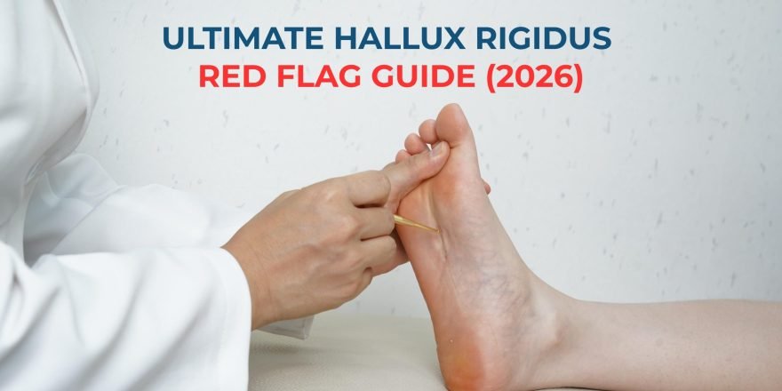 A comprehensive anatomical infographic for Hallux Rigidus. The image features a split-screen view of a healthy foot bending at 60 degrees versus a stiff joint with bone spurs. It includes a 4-stage progression chart from mild stiffness to bone-on-bone fusion, a comparison between Hallux Rigidus, Gout, and Bunions, a mobility Hand Test instruction, and a side-by-side weight-bearing X-ray comparison showing joint space collapse.