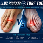 A professional 2026 diagnostic comparison of Hallux Rigidus bone spurs on the top of the big toe vs. Turf Toe ligament sprain on the bottom.