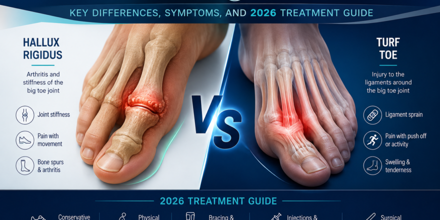 A professional 2026 diagnostic comparison of Hallux Rigidus bone spurs on the top of the big toe vs. Turf Toe ligament sprain on the bottom.
