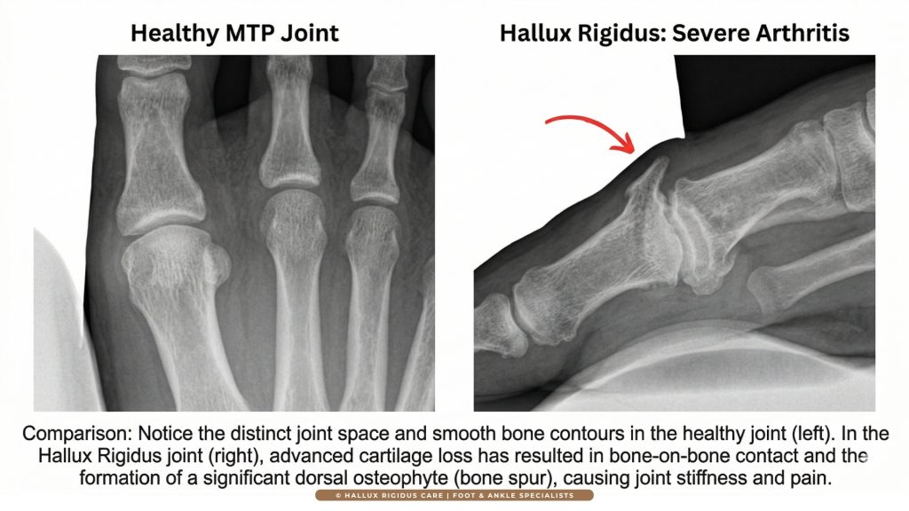Side-by-side medical X-ray comparison of a healthy MTP joint and a joint with severe Hallux Rigidus showing a dorsal osteophyte bone spur.