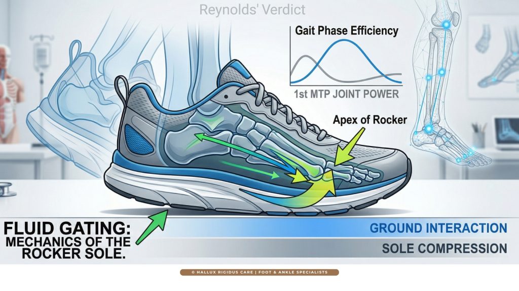 Technical diagram of a rocker-bottom shoe for Hallux Rigidus showing the apex of the rocker and force vectors during the gait cycle.