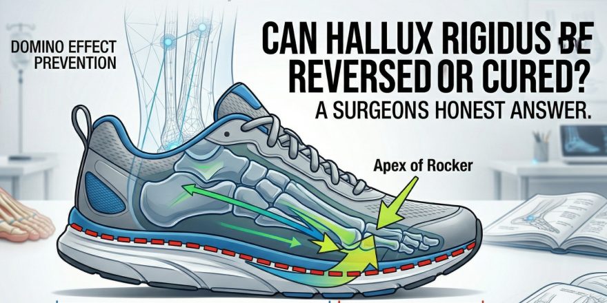 Featured image for Hallux Rigidus reversal guide showing a cross-section of a foot in a rocker shoe with medical staging labels.