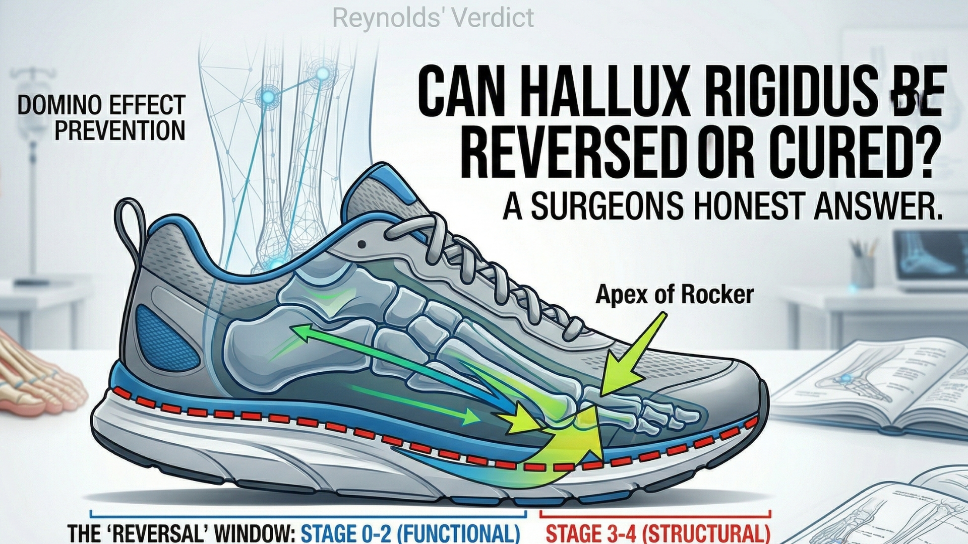 Featured image for Hallux Rigidus reversal guide showing a cross-section of a foot in a rocker shoe with medical staging labels.