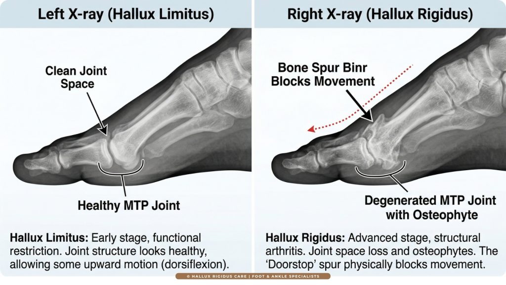 Side-by-side medical X-ray comparison: Hallux Limitus (clean joint space) vs. Hallux Rigidus (dorsal bone spur acts as mechanical doorstop).