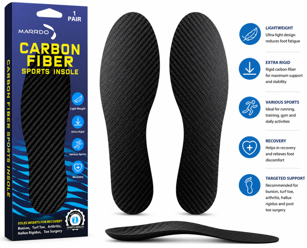 MARRDO carbon-fiber sports insoles with blue retail packaging
