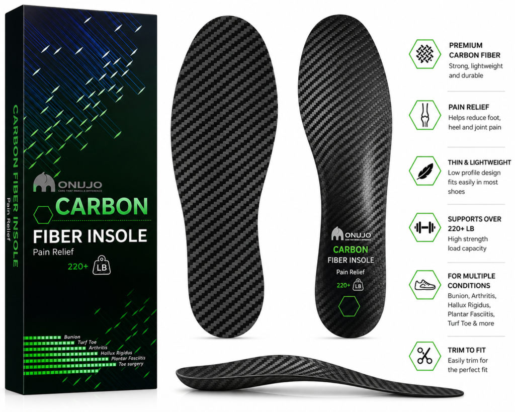 ONUJO full-length carbon-fiber insoles with black and green product packaging