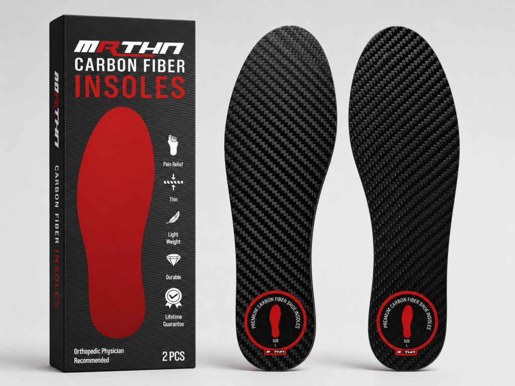 MRTHN full-length carbon-fiber insoles with black and red product packaging