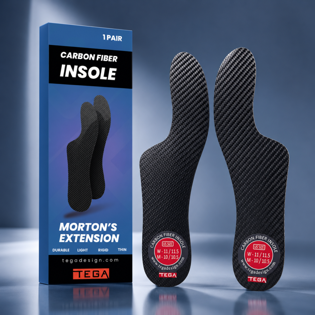 TEGA Morton’s extension carbon-fiber insoles with blue product packaging